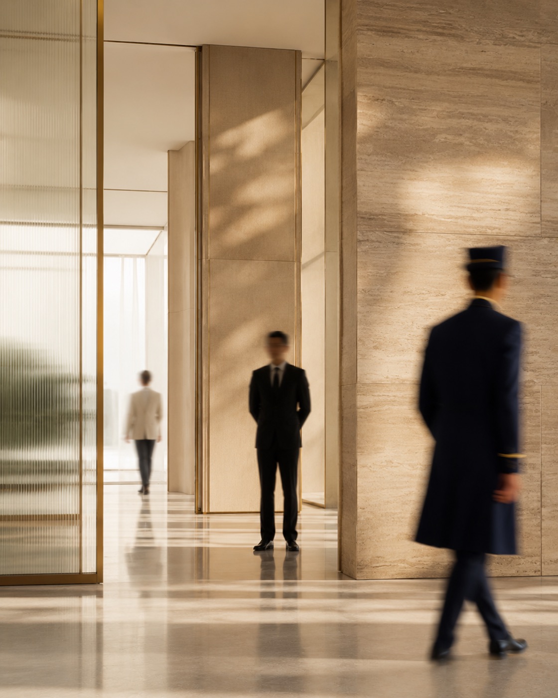 A concierge crossing a warm, sunlit hotel lobby